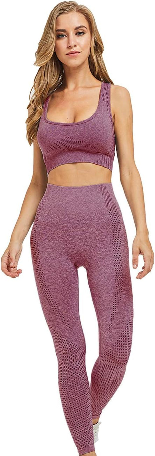 Toplook Women Seamless Yoga Workout Set 2Pcs Outfits Gym Leggings and Sports Bra (Wine, Small)